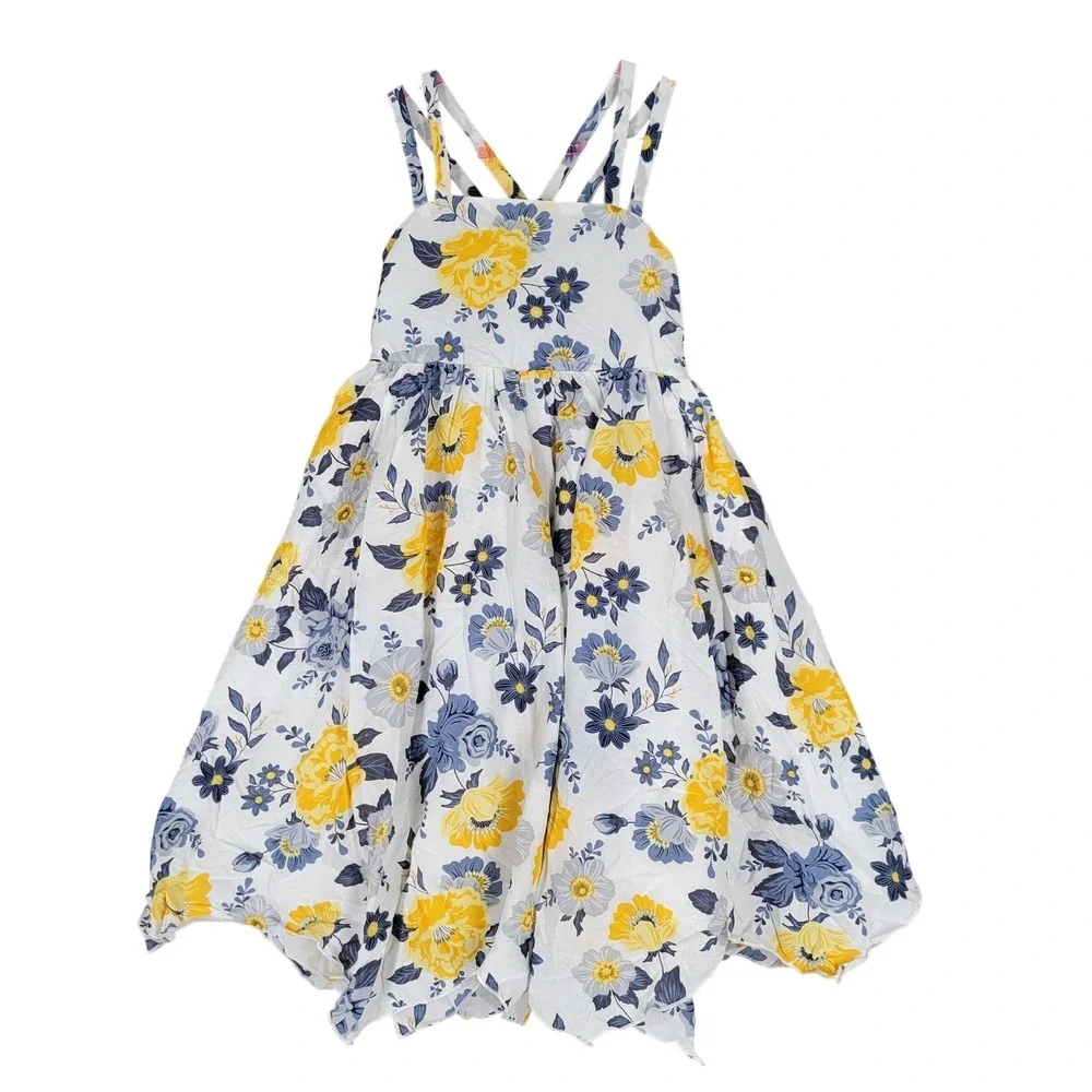 Joie‎ Floral Dress Girls Size 8 White Yellow Blue Hankerchief Hem Smocked